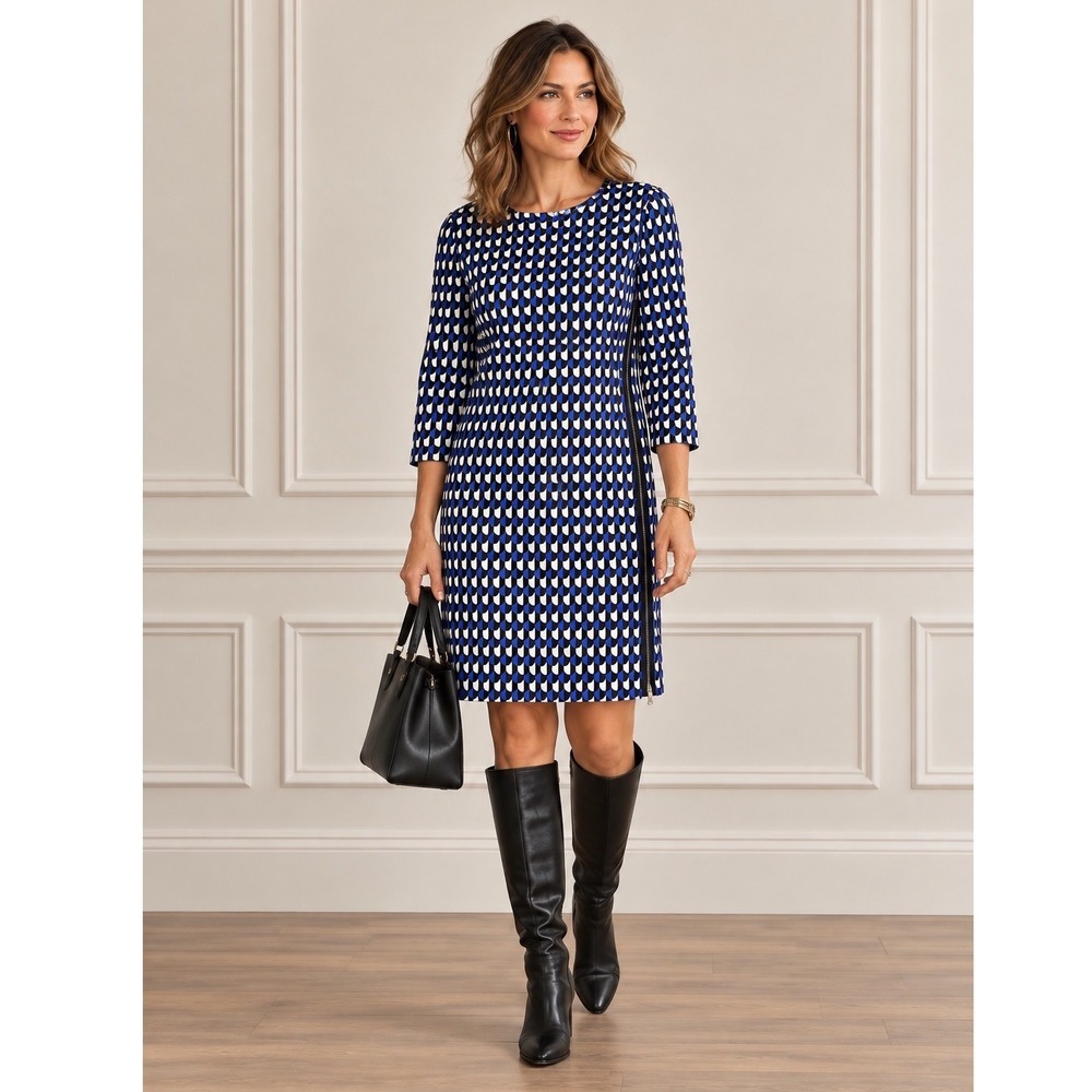 J.CREW Jet Set Geo Shift Dress 6T TALL Zippers Streetwear Artsy Edgy Mod Blue